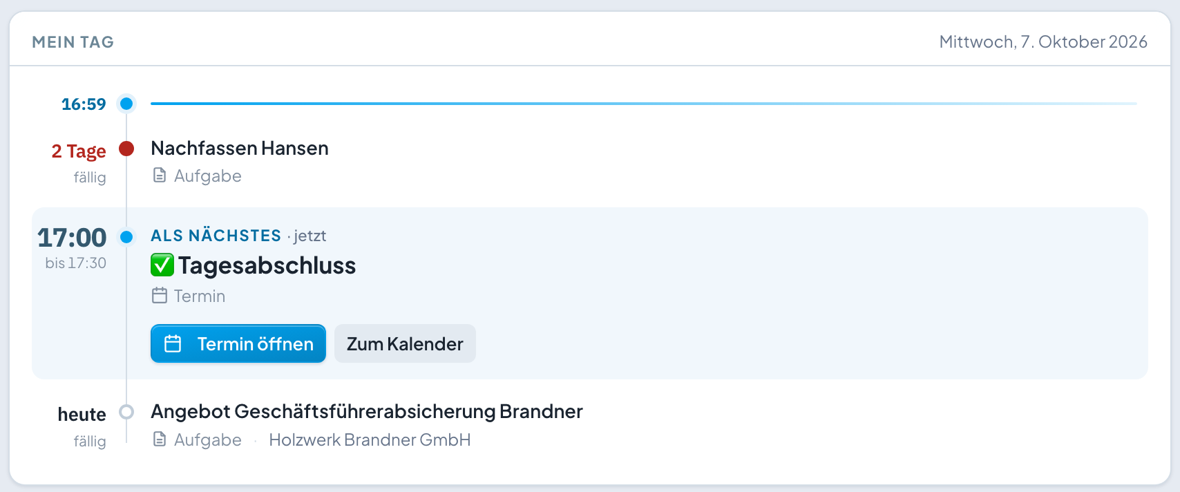 Ausschnitt aus der Startseite: die Karte „Mein Tag“ mit einer überfälligen Aufgabe in Rot, dem nächsten Termin in Blau und einer heute fälligen Aufgabe in Grau.