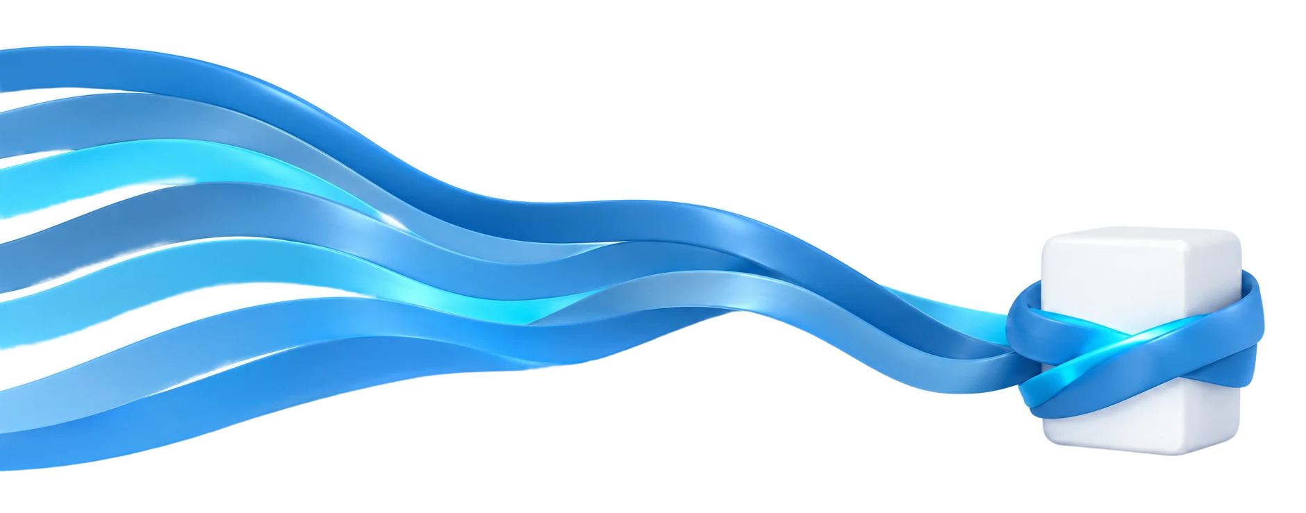 Blaue Bänder laufen von links zu einem weißen Würfel und legen sich als Knoten um ihn.